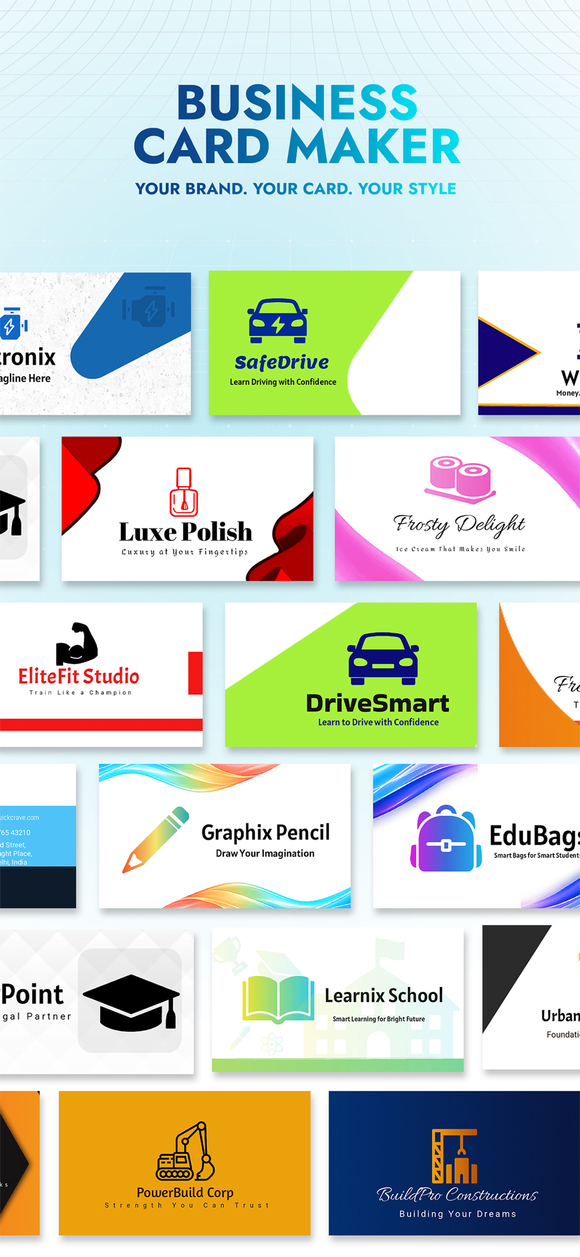 Business Card Folio business card template selection screen