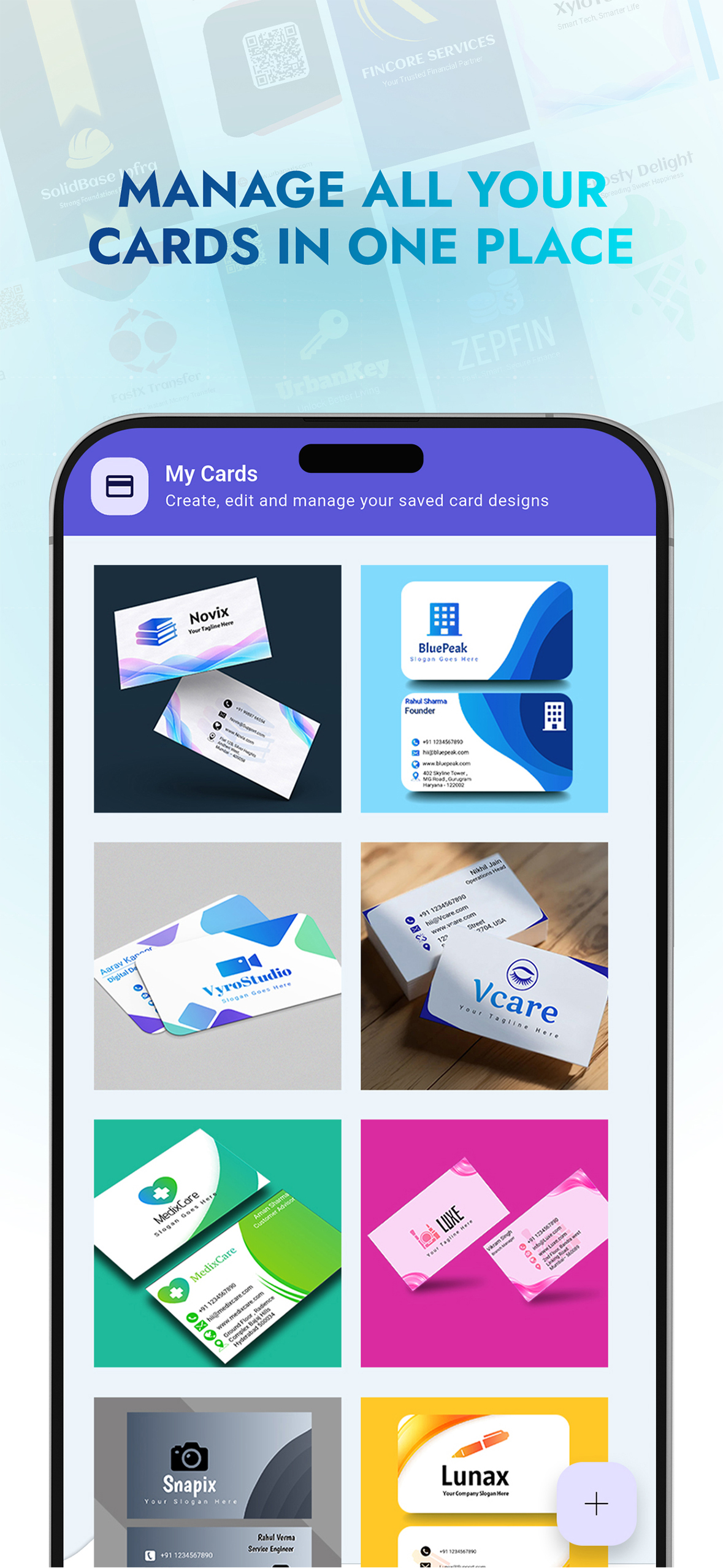 Business Card Folio card customization and business card design screen